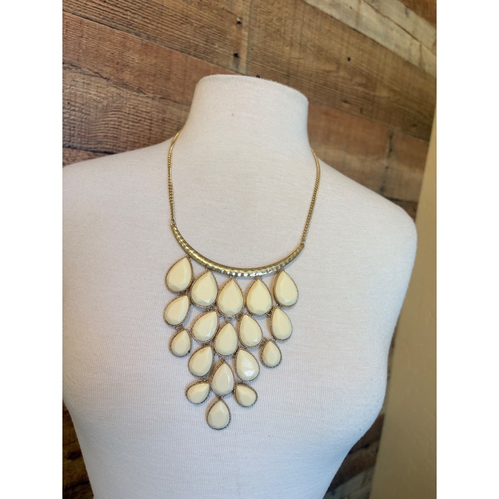 Gold Tone Statement Bib Necklace Cream Teardrop Cascading Resin Stones Boho Glam